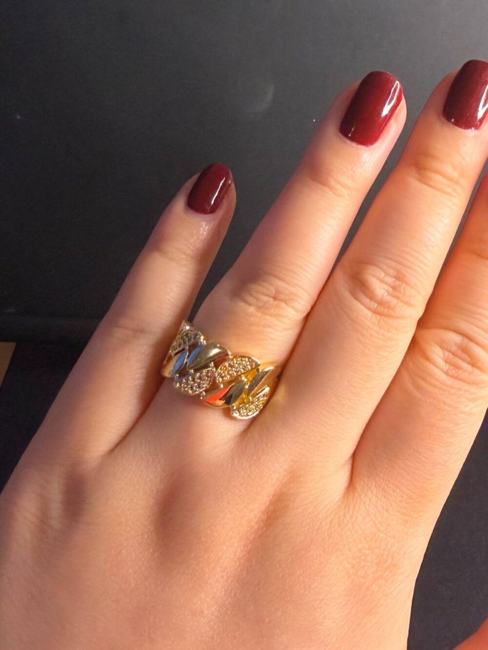 Glam Gold Cuban Link Ring - Open Band Pavé Sparkle Statement Jewelry